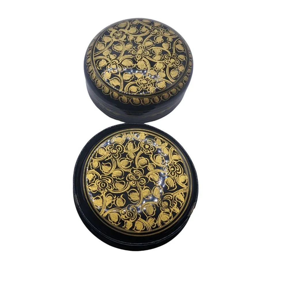 Vtg Kashmiri Hand Printed Lacquerware Box With 6 Coasters Black And Gold